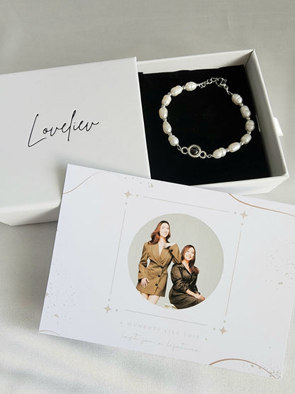 Personalized Pearl Photo Bracelet featuring Aimee Cheng and her mom