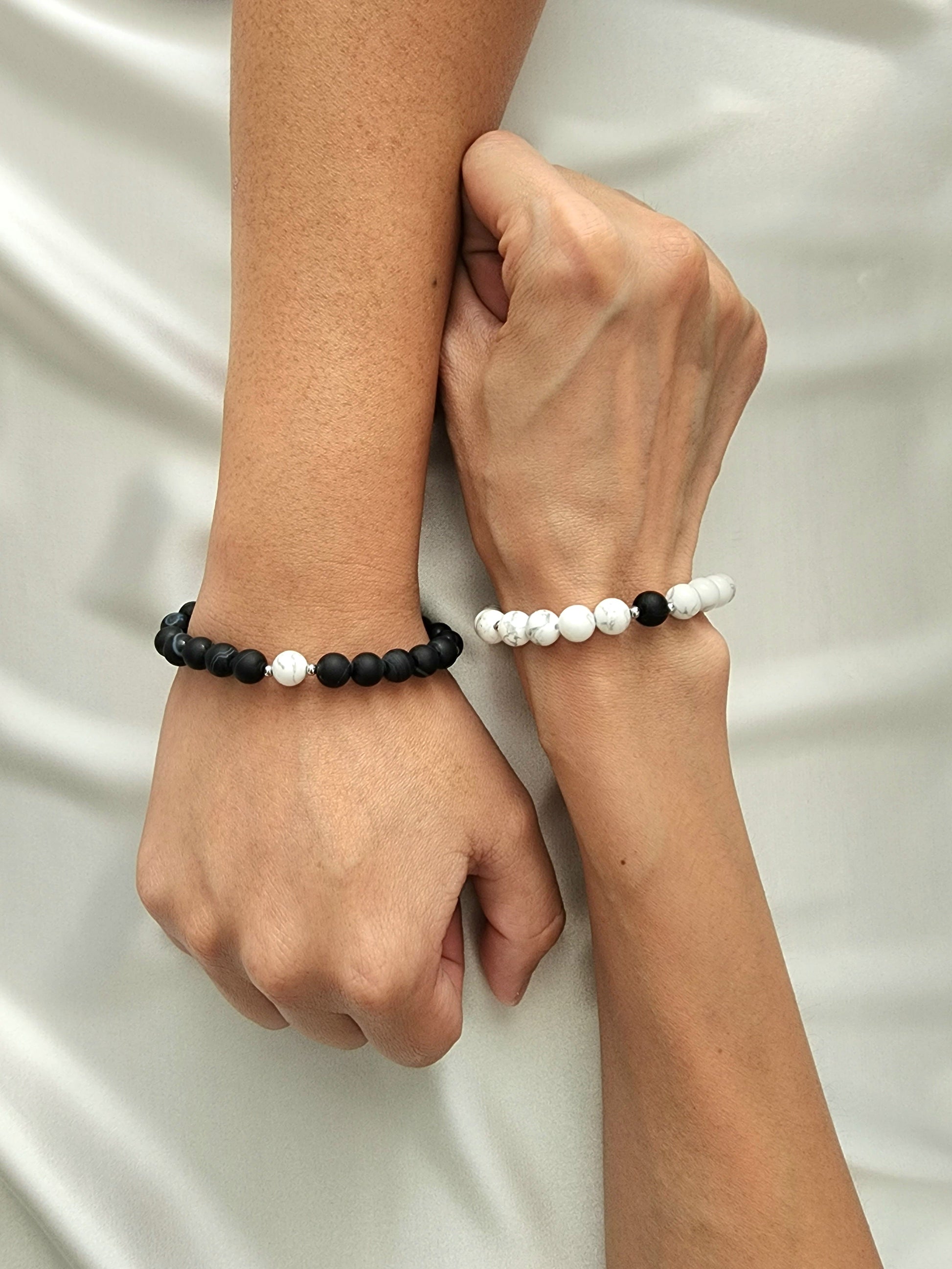 Yin Yang You Complete Me Couple Bracelet His and Hers Howlite Black Agate