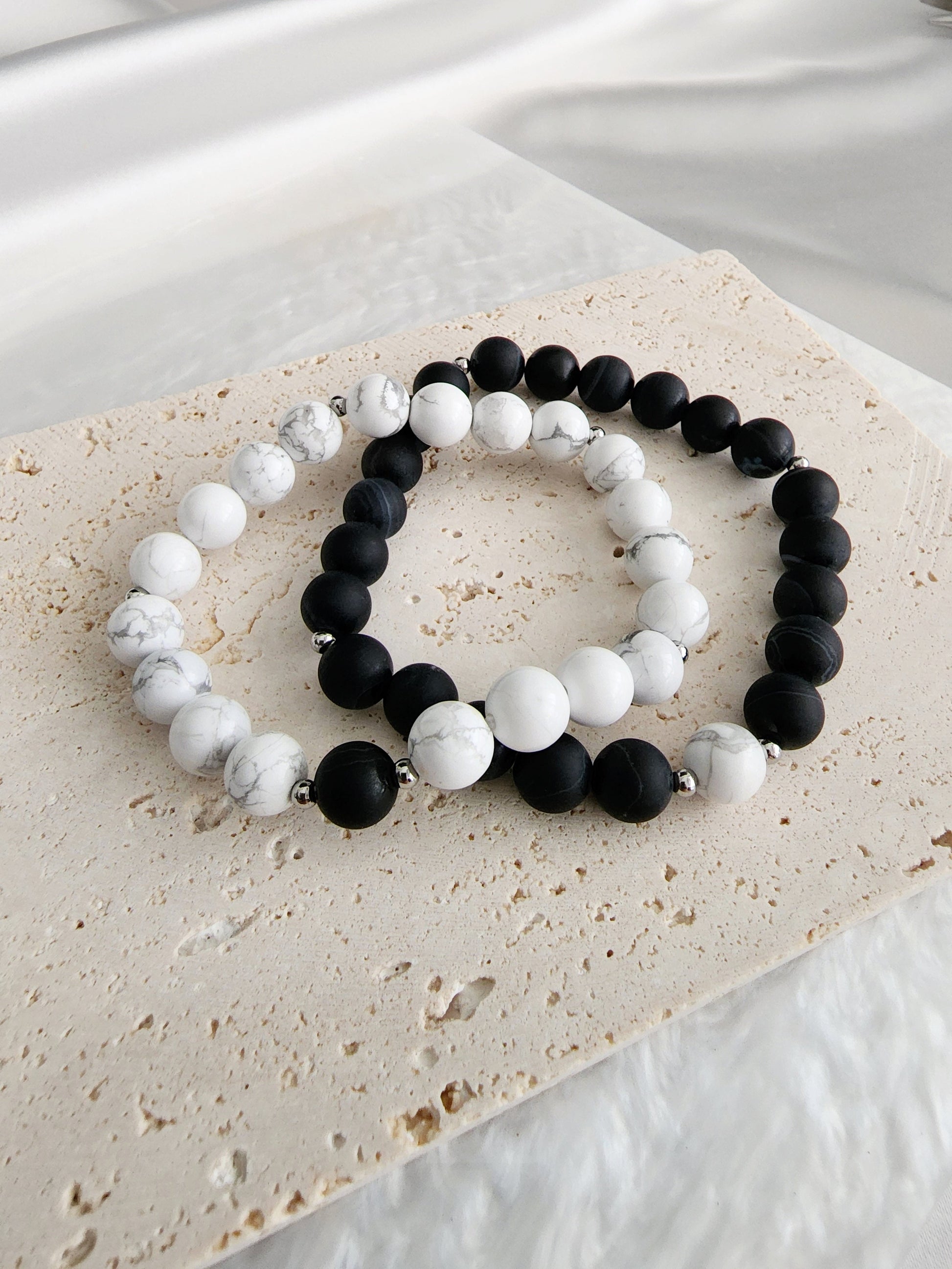 Yin Yang You Complete Me Couple Bracelet His and Hers Howlite Black Agate